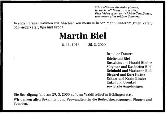 Biel Martin 1913-2000 Todesanzeige